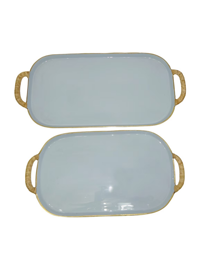 Rattan Large BLUE Enamel Metal Tray with Rattan Handles