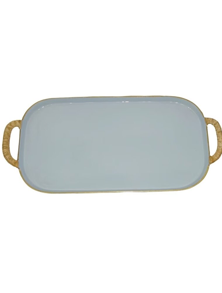 Rattan Small BLUE Enamel Metal Tray with Rattan Handles
