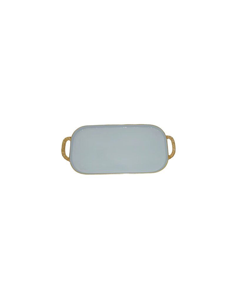 Rattan Small BLUE Enamel Metal Tray with Rattan Handles