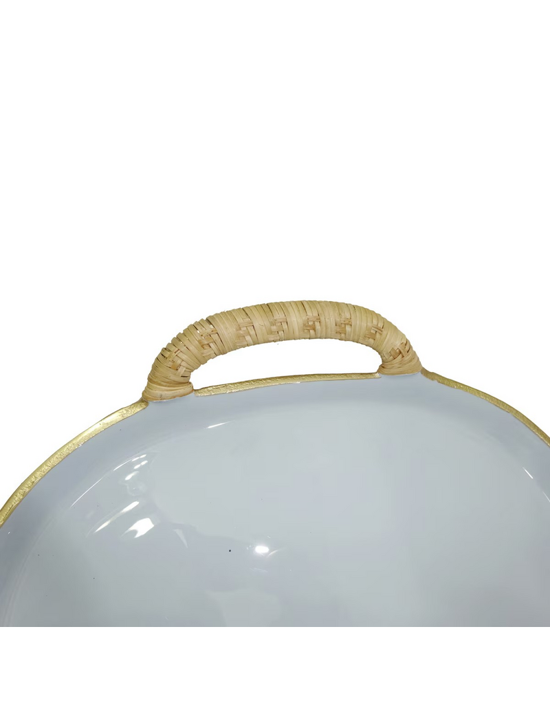 Rattan Small BLUE Enamel Metal Tray with Rattan Handles