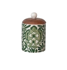 Green Hand-Painted Stoneware Canister w/Wood Lid