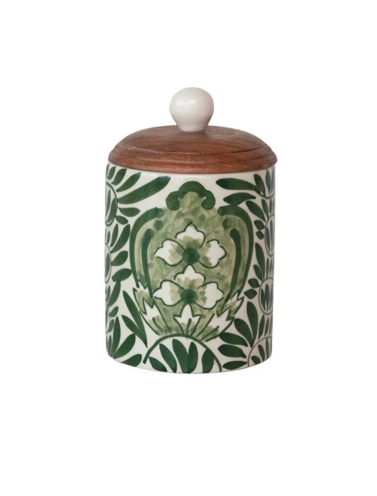 Green Hand-Painted Stoneware Canister w/Wood Lid