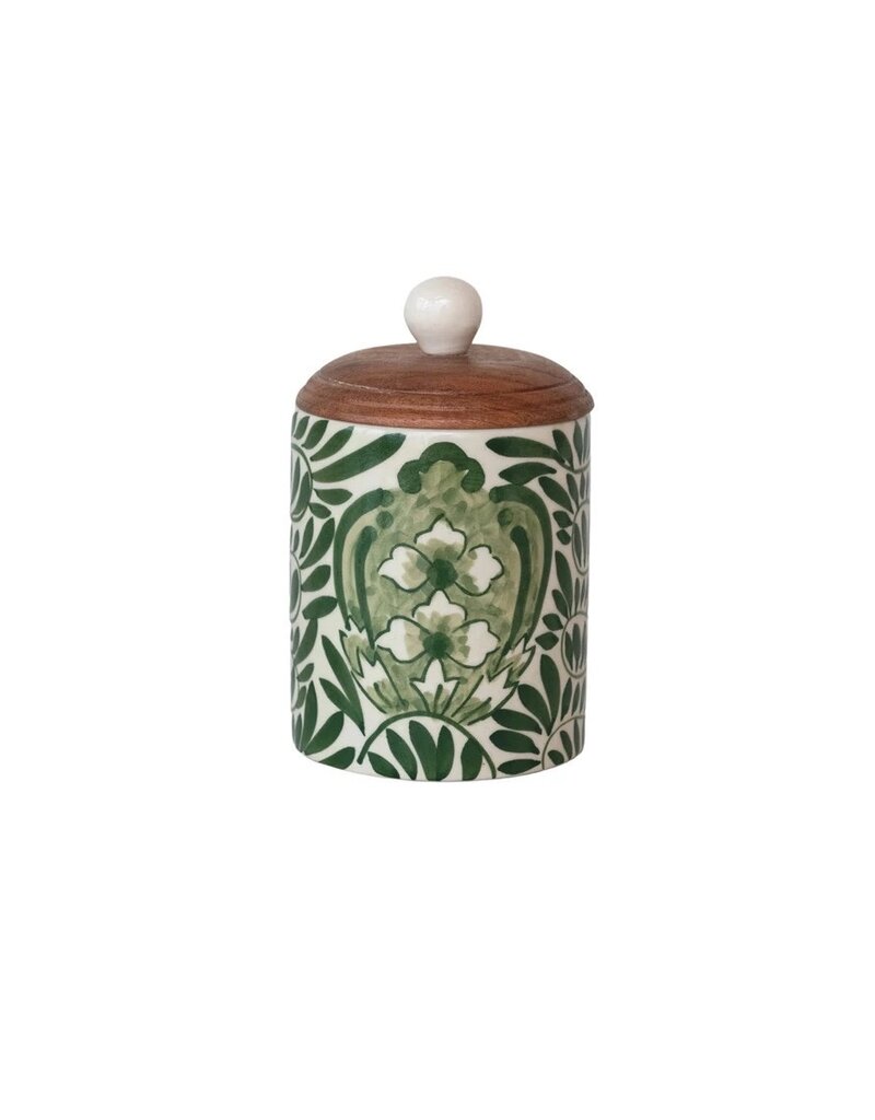 Green Hand-Painted Stoneware Canister w/Wood Lid