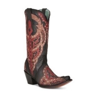 Corral Corral Black/Red Overlay & Embroidery & Crystals Western Boot