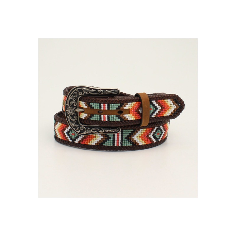 Nocona Brown Leather Western Belt Colorful Woven Inlay Rhinestone Buckle S/M Nocona Genuine Leather Rhinestone Studded Bling Western Wide  main image 2