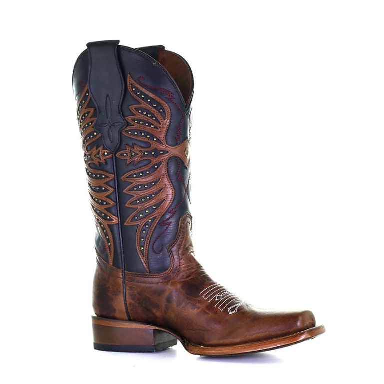 Circle G Circle G Black/Brown Embroidery And Studs Square Toe Western Boot