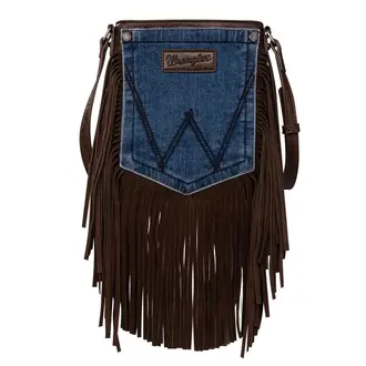 Montana West Inc Wrangler Leather Fringe Jean Denim Pocket Crossbody - Coffee