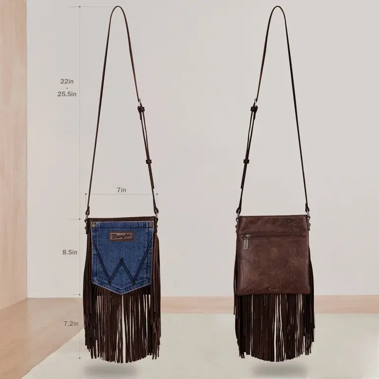 Montana West Inc Wrangler Leather Fringe Jean Denim Pocket Crossbody - Coffee