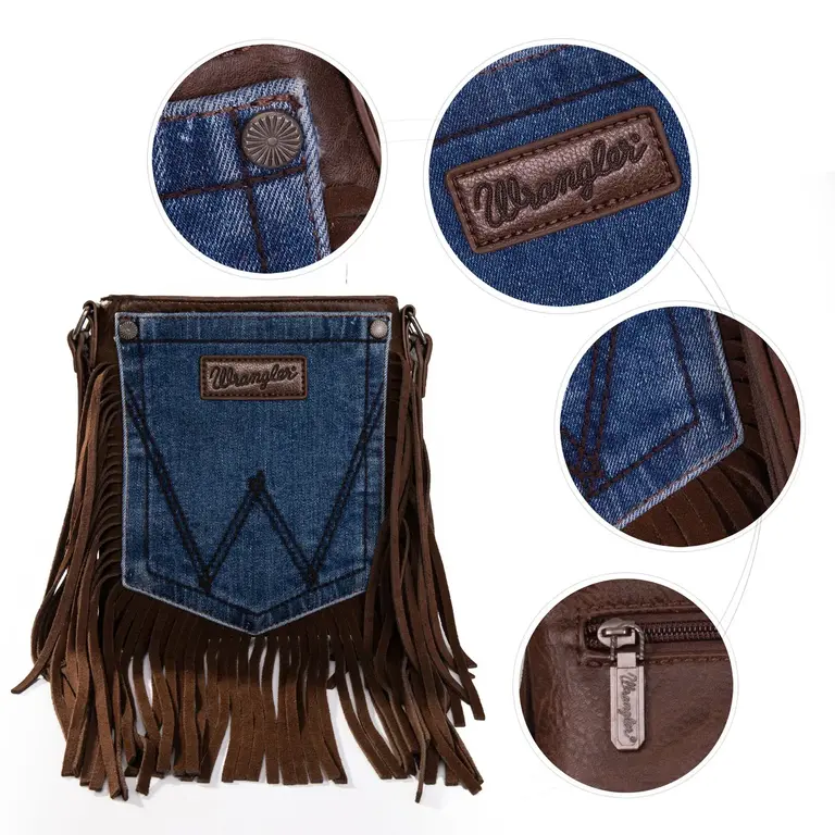 Montana West Inc Wrangler Leather Fringe Jean Denim Pocket Crossbody - Coffee