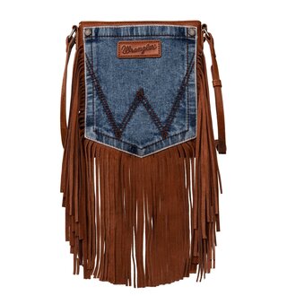 Montana West Inc Wrangler Leather Fringe Jean Denim Pocket Crossbody - Brown