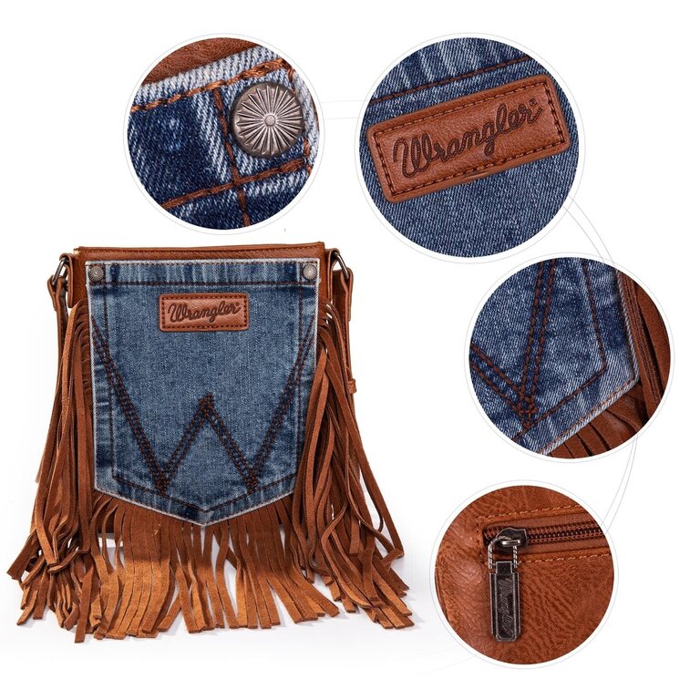 Montana West Inc Wrangler Leather Fringe Jean Denim Pocket Crossbody - Brown