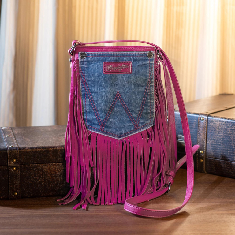 Wrangler Wrangler Leather Fringe Jean Denim Pocket Crossbody - Pink