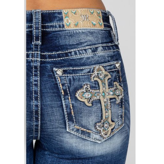 Miss Me Miss Me Embroidered/Leather Cross Mid Rise Boot Cut Jeans