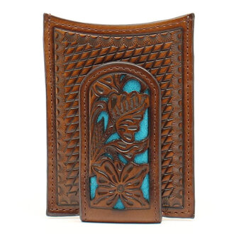 Nocona Nocona Brown Flower Overlay With Turquoise Money Clip