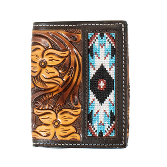 3D 3D Hand Tooled Floral Embroidered Inlay Trifold Wallet