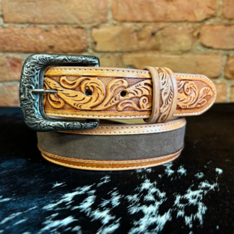 R Watson R Watson Leather With Rough Out Inlay Belt - Chocolate