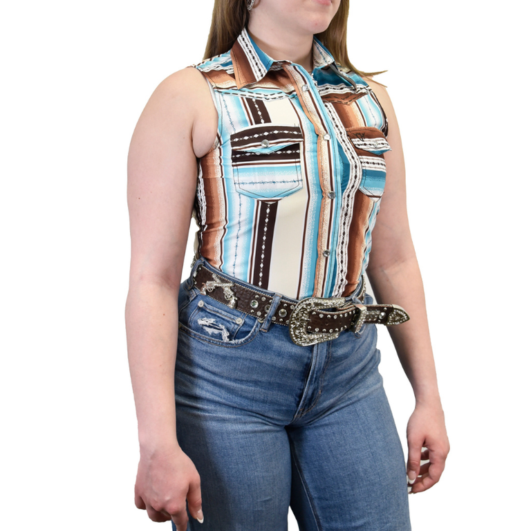 Cowgirl Hardware Cowgirl Hardware Chevron Serape Sleeveless Shirt - Brown/ Turquoise