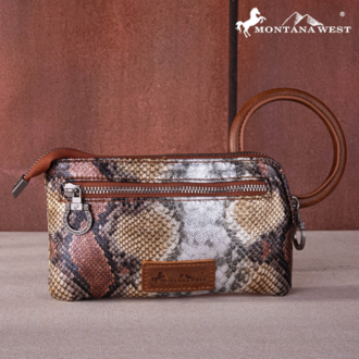 Montana West Ring Handle Wristlet Clutch Bag - Brown Snakeskin