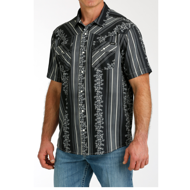 Cinch Cinch S/S Snap Camp Shirt - Black/Blue Floral/Stripe Pattern