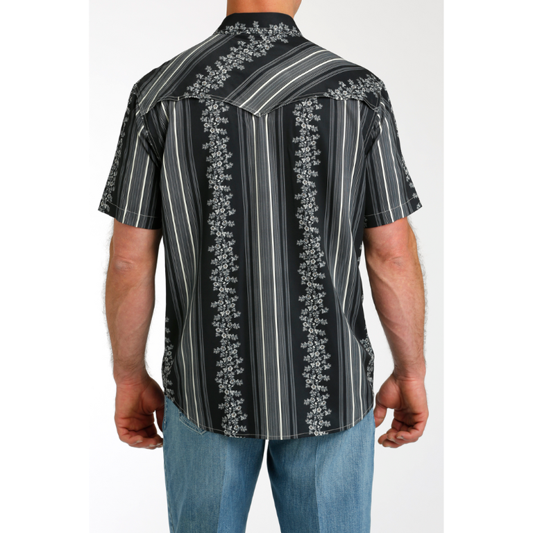 Cinch Cinch S/S Snap Camp Shirt - Black/Blue Floral/Stripe Pattern