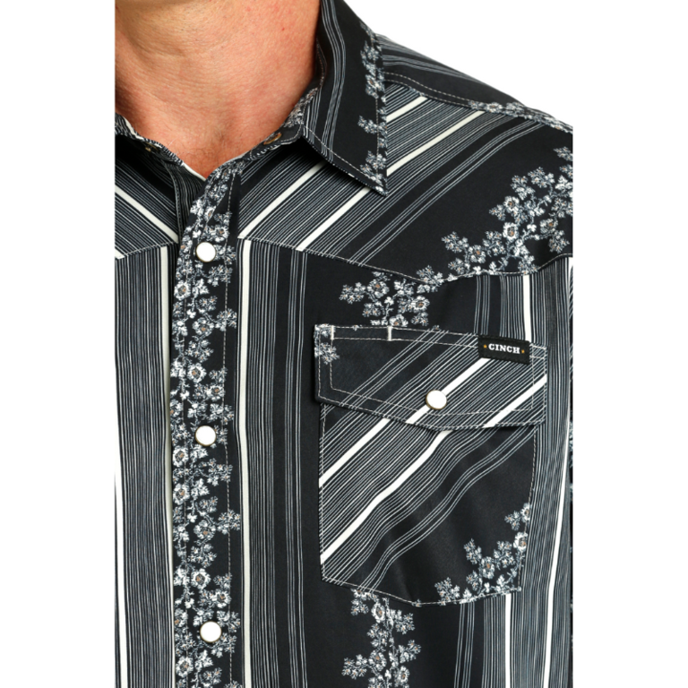 Cinch Cinch S/S Snap Camp Shirt - Black/Blue Floral/Stripe Pattern