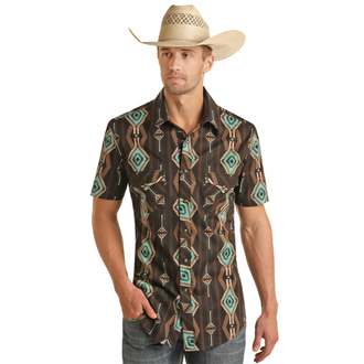 Rock and Roll Rock And Roll S/S Snap Aztec Print Shirt - Brown/Turquoise