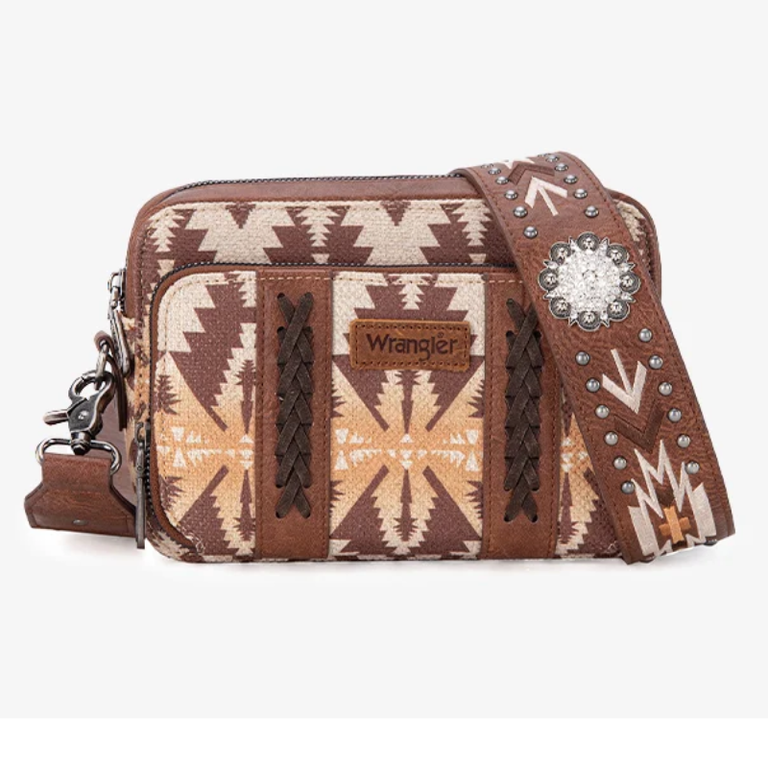 Wrangler Wrangler Aztec Printed Crossbody Purse With Wallet Compartment - Light Coffee