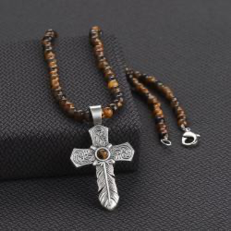 Silver Strike Silver Strike Tiger Eye Feather Cross Necklace