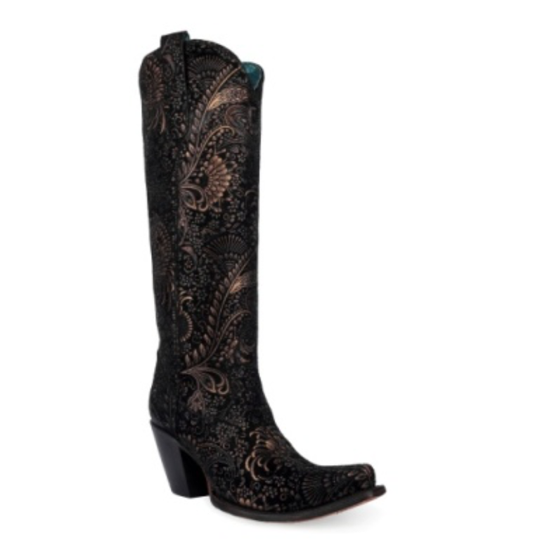 Corral Corral Black/Gold Stamped Floral Suede Tall Top Boot