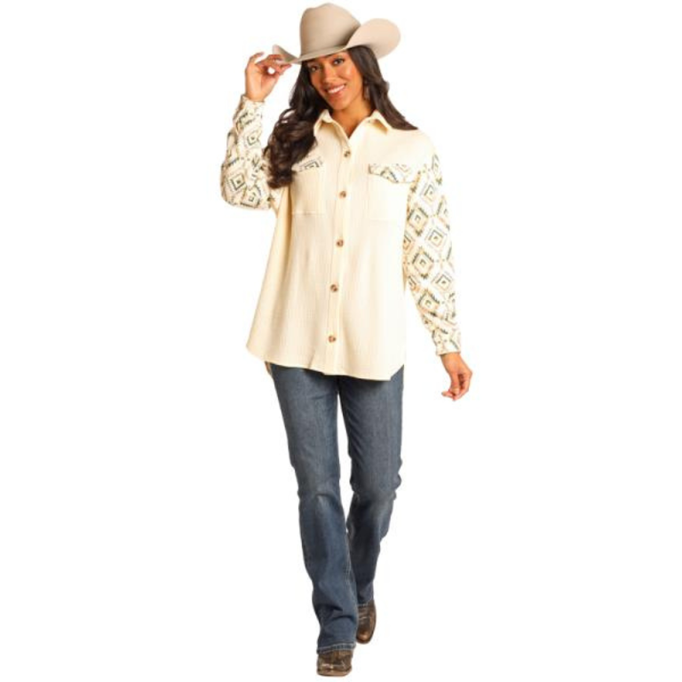 Rock and Roll Rock And Roll Waffle Knit Shacket - Cream/Aztec