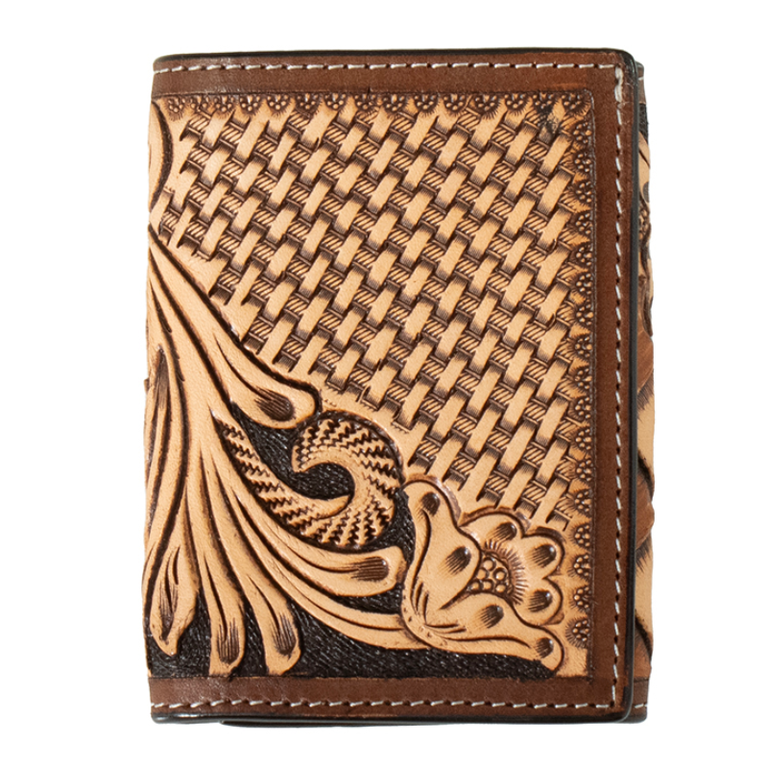 3D 3D Hand Tooled Floral Basketweave Trifold Wallet