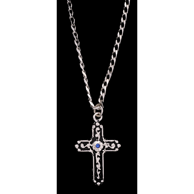 Silver Strike Silver Strike Black Inlay Cross With Blue Stone Necklace