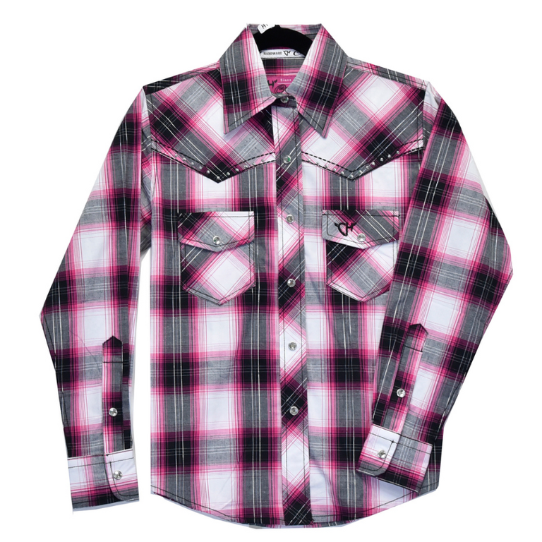 Cowgirl Hardware Hombre L/S Plaid Snap Shirt - Youth - Pink/Black