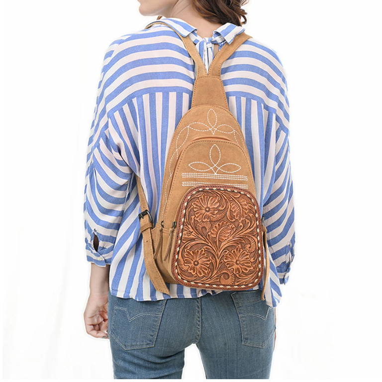 American Darling Suede Boot Stitch Sling Bag - Tan