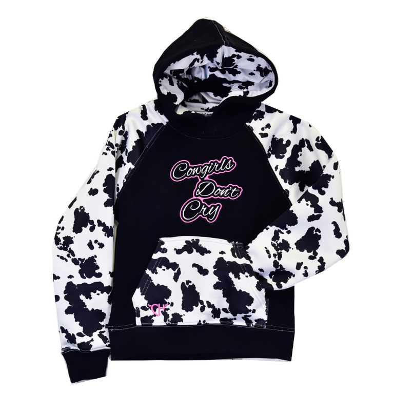 Cowgirl Hardware Cowgirl Hardware Cowgirls Don't Cry Fleece Hoodie - Youth - Black/White Cow Print