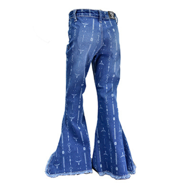 Cowgirl Hardware Cowgirl Hardware Skull Aztec Bell Bottom Jeans - Youth - Medium Wash