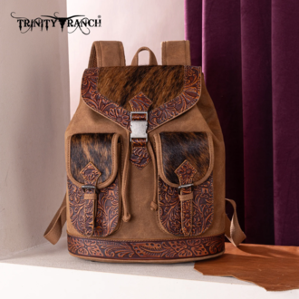Trinity Ranch Trinity Ranch Genuine Hair-On Cowhide Tooled Backpack - Coffee