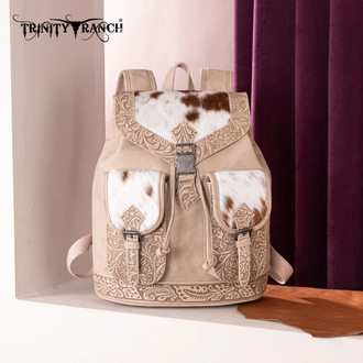 Trinity Ranch Trinity Ranch Genuine Hair-On Cowhide Tooled Backpack - Tan