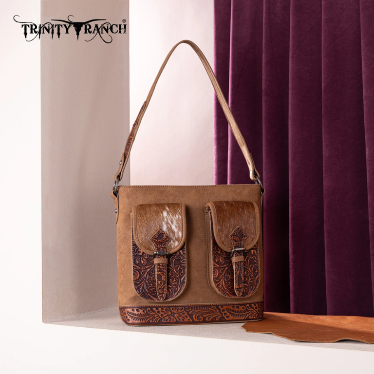 Trinity Ranch Trinity Ranch Genuine Hair-On Cowhide Tooled Concealed Carry Hobo Bag - Brown