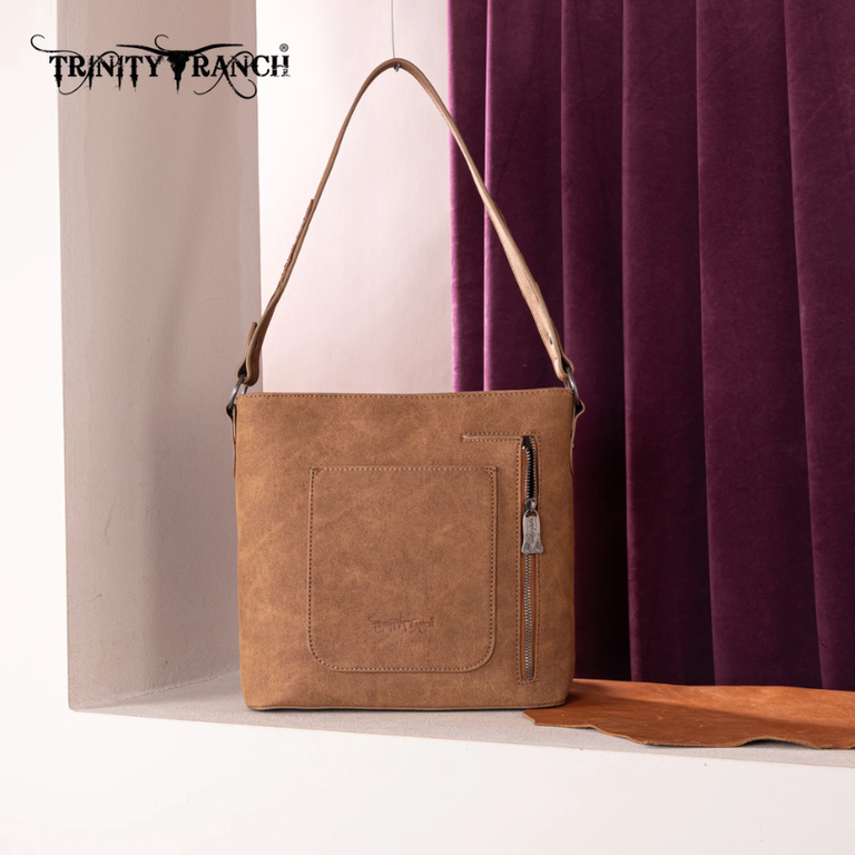 Trinity Ranch Trinity Ranch Genuine Hair-On Cowhide Tooled Concealed Carry Hobo Bag - Brown