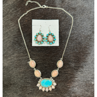 Indian Touch Of Gallup Hada Collection Turquoise/Pink Opal Necklace & Kingman Turquoise/Pink Opal Earring Set