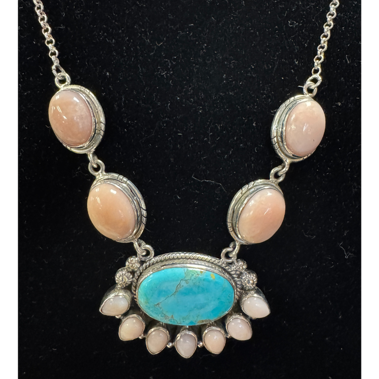 Indian Touch Of Gallup Hada Collection Turquoise/Pink Opal Necklace & Kingman Turquoise/Pink Opal Earring Set