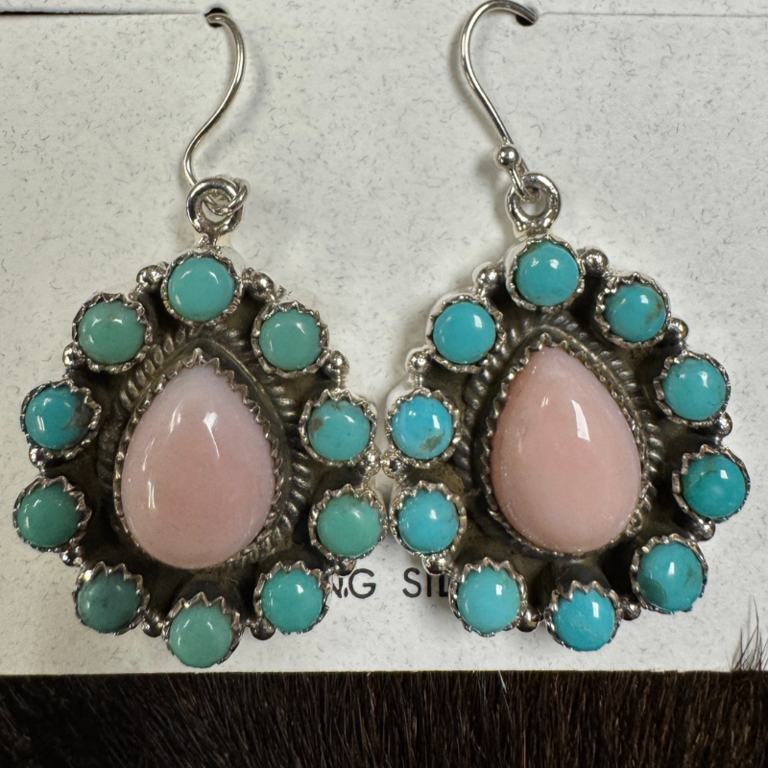 Indian Touch Of Gallup Hada Collection Turquoise/Pink Opal Necklace & Kingman Turquoise/Pink Opal Earring Set