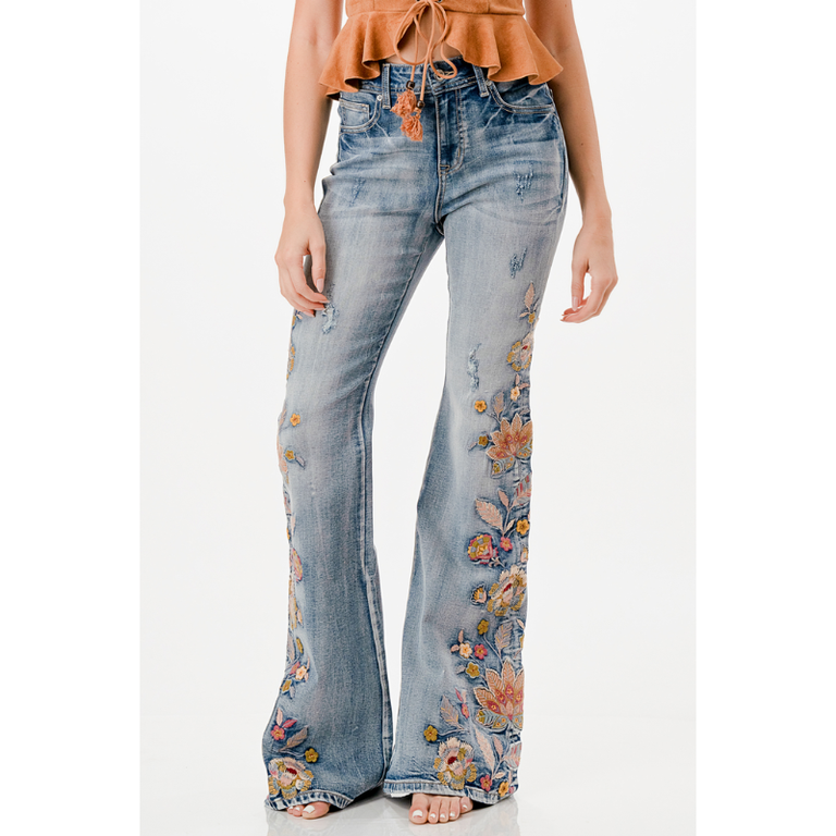 Grace in LA Grace In LA Floral Embroidered Flare Jeans
