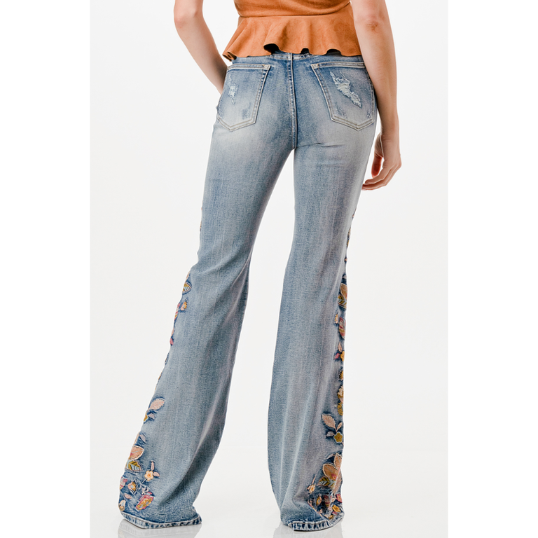 Grace in LA Grace In LA Floral Embroidered Flare Jeans