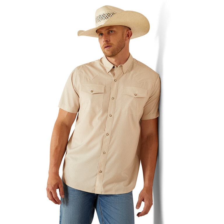 Ariat Ariat VentTek Fitted Snap S/S Shirt - Tan Stripe