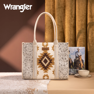 Wrangler Wrangler Tooled Aztec Pattern Print Concealed Carry Large Tote - Beige