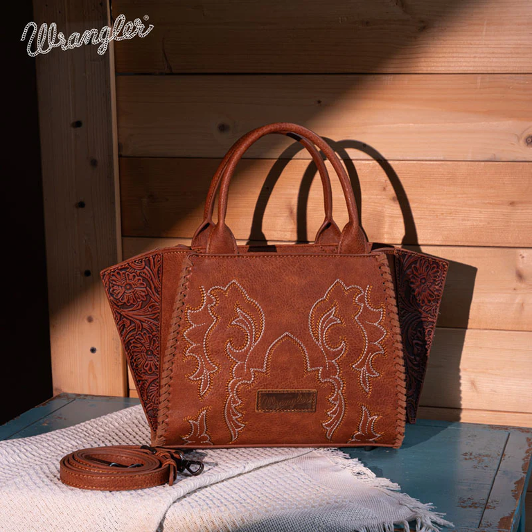 Wrangler Wrangler Embroidered Trapezoid Concealed Carry Tote/Crossbody - Brown