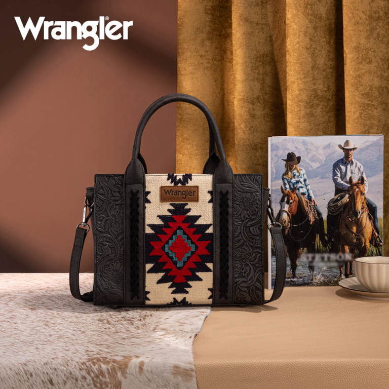 Wrangler Wrangler Tooled Aztec Pattern Print Concealed Carry Tote/Crossbody - Black