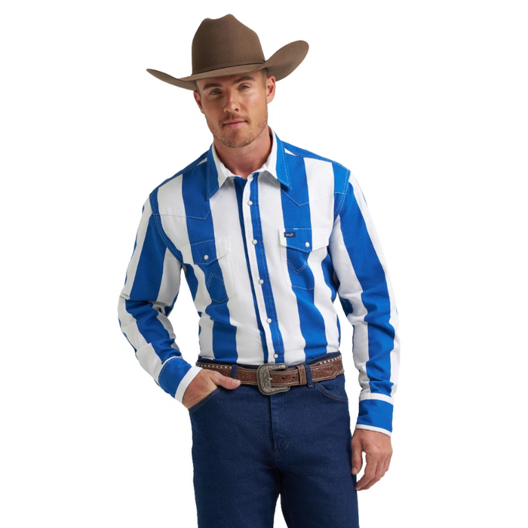 Wrangler Wrangler Vintage Inspired Brush Popper L/S Shirt - Blue Stripe